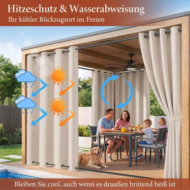 Rosnek Outdoor Vorhang Wetterfest Winddicht, Balkon Gardinen mit Ösen Oben & Unten, Blickdicht Wasse