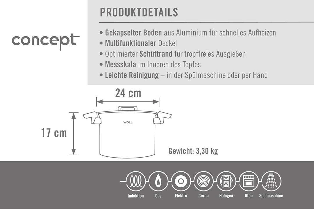 Woll 124-2NC Concept hoher Kochtopf mit Deckel-Induktiv, Ø 24 cm, 17 cm hoch, 7,6l-Geeignet für alle
