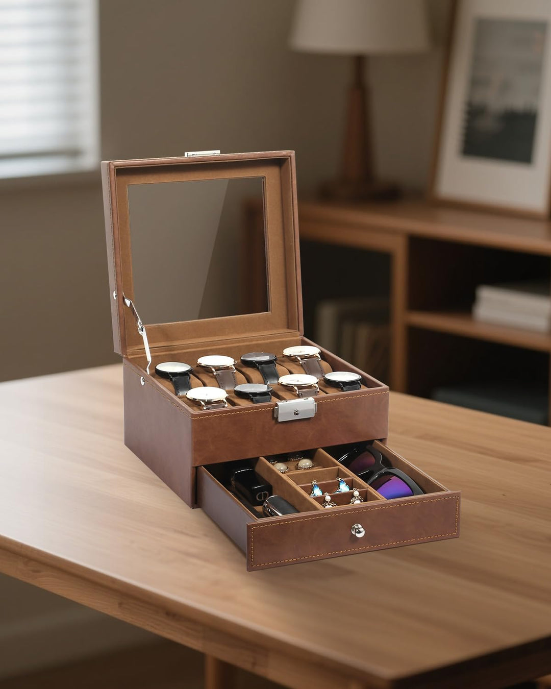 Uten Uhrenbox, 8 Fächern und 1 Schublade mit Schlüsselschloss, Glasdeckel, Braunes PU, Braunes Samtf