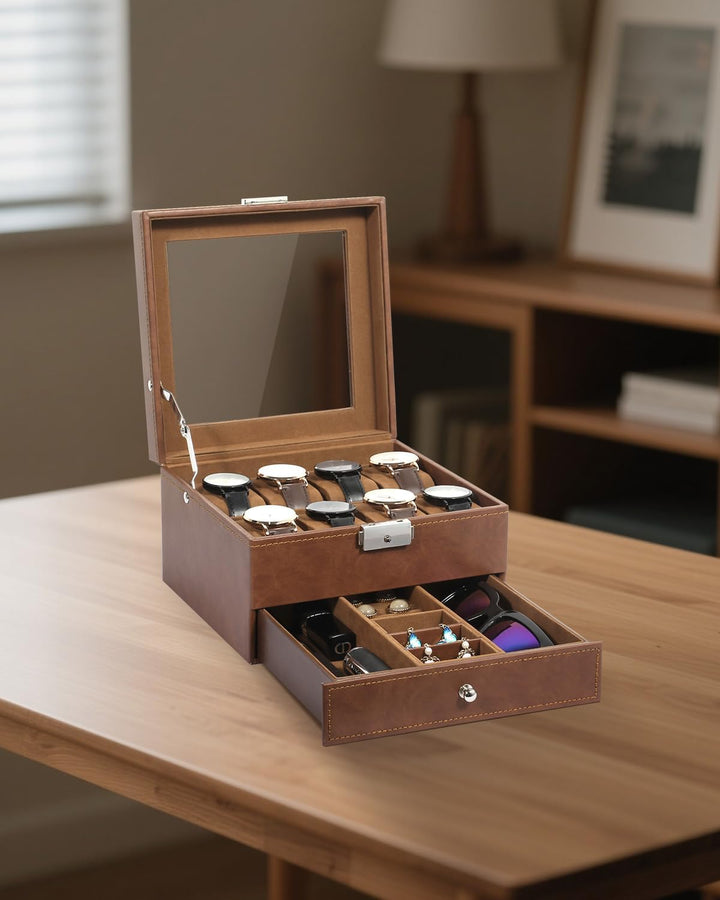 Uten Uhrenbox, 8 Fächern und 1 Schublade mit Schlüsselschloss, Glasdeckel, Braunes PU, Braunes Samtf