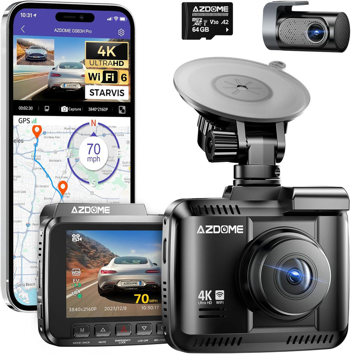 AZDOME Dashcam Auto Vorne Hinten 4K/2,5K GPS WiFi Dash Cam Auto mit Starvis, 64GB SD Karte, Auto Kam