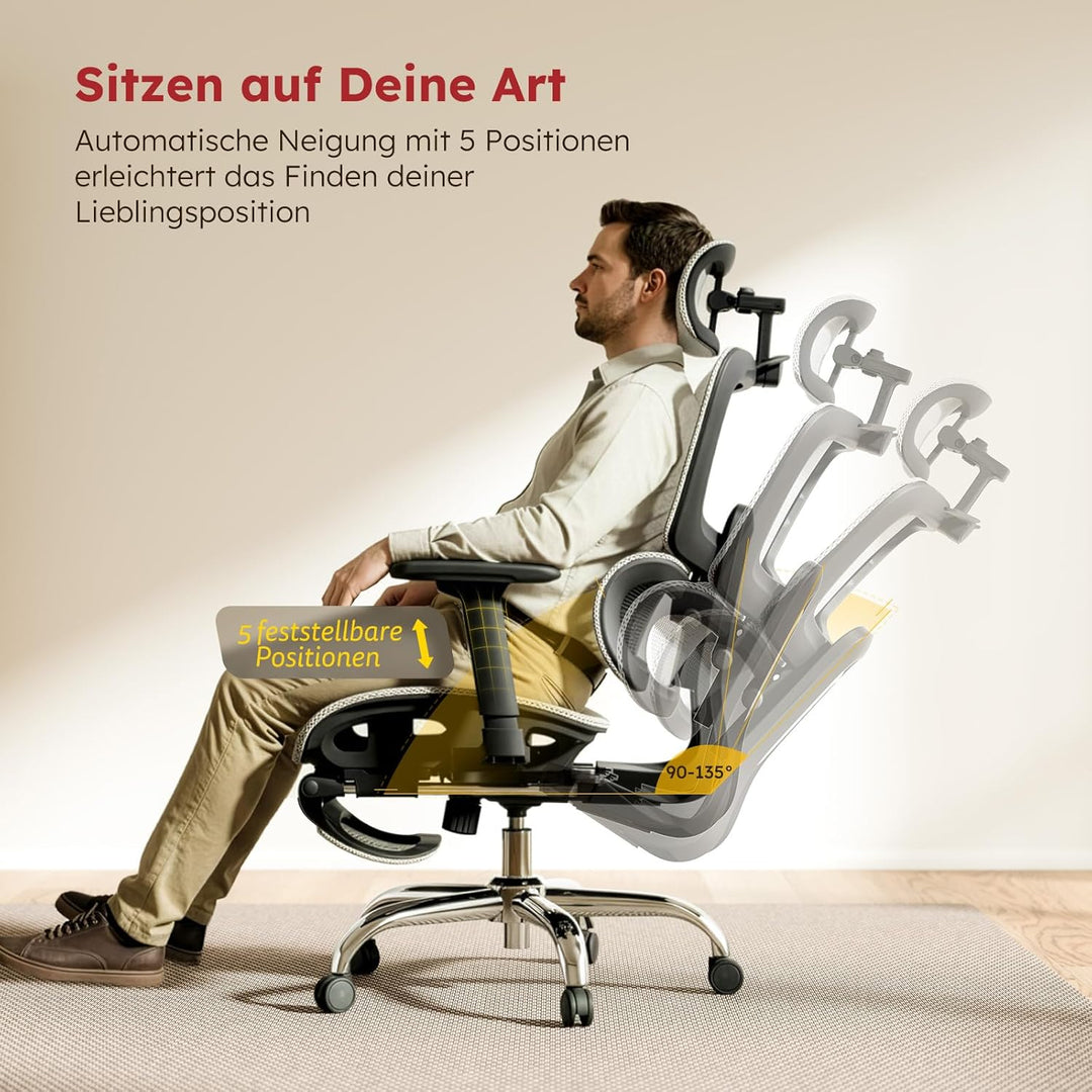 Ergonomischer Bürostuhl Voll-Mesh mit Abnehmbarem Kissen, Fussstütze, Höhenverstellbarem Rückenlehne