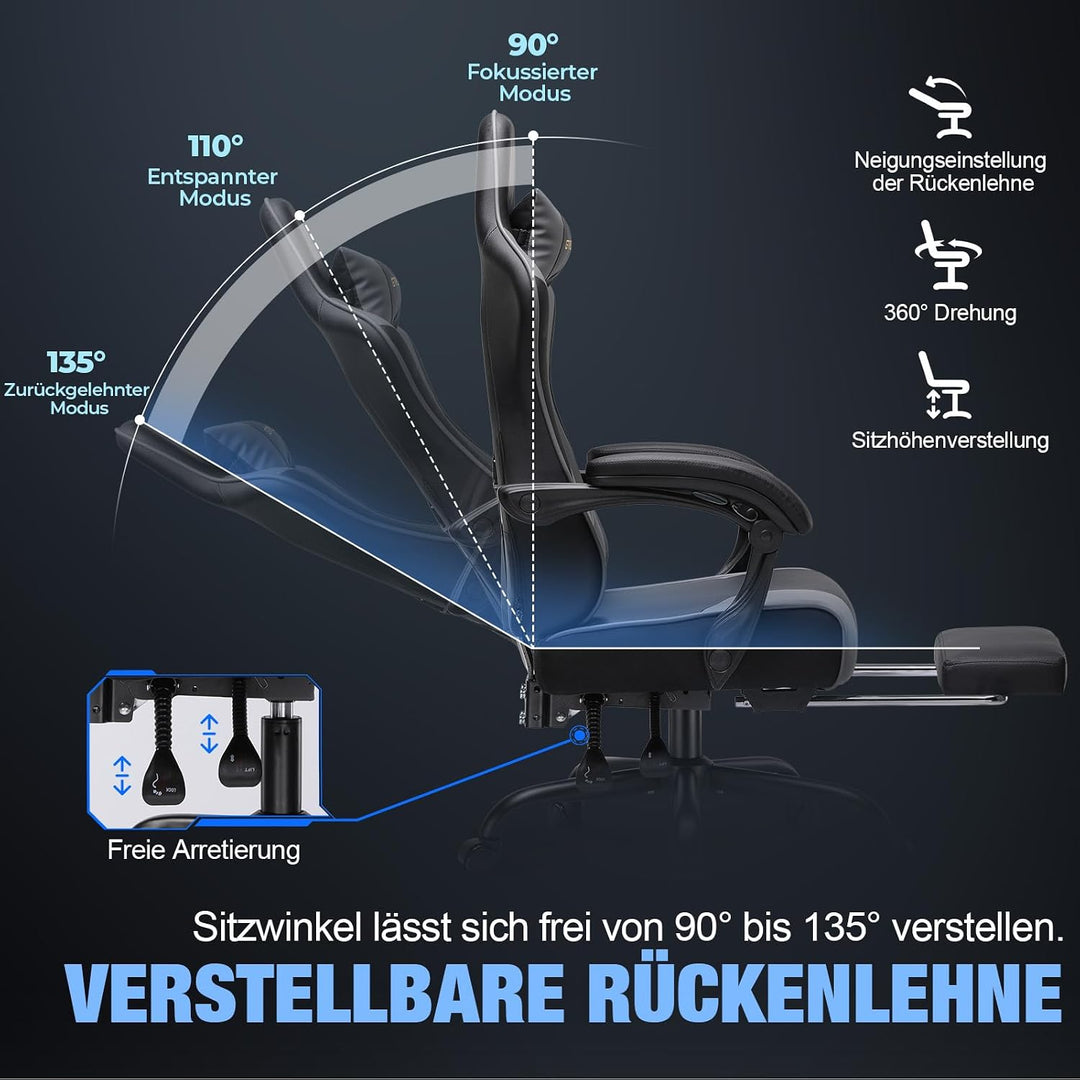 GTPLAYER Gaming Stuhl Chair Gamer Sessel - Ergonomischer Gamer Stuhl mit Fussstütze Kopfstütze und L