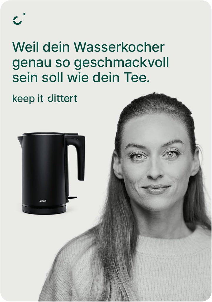Wasserkocher 1,5L – 2200W, Doppelwand-Edelstahl, 360° Basis, Sicherheitsabschaltung, Einhanddeckel,