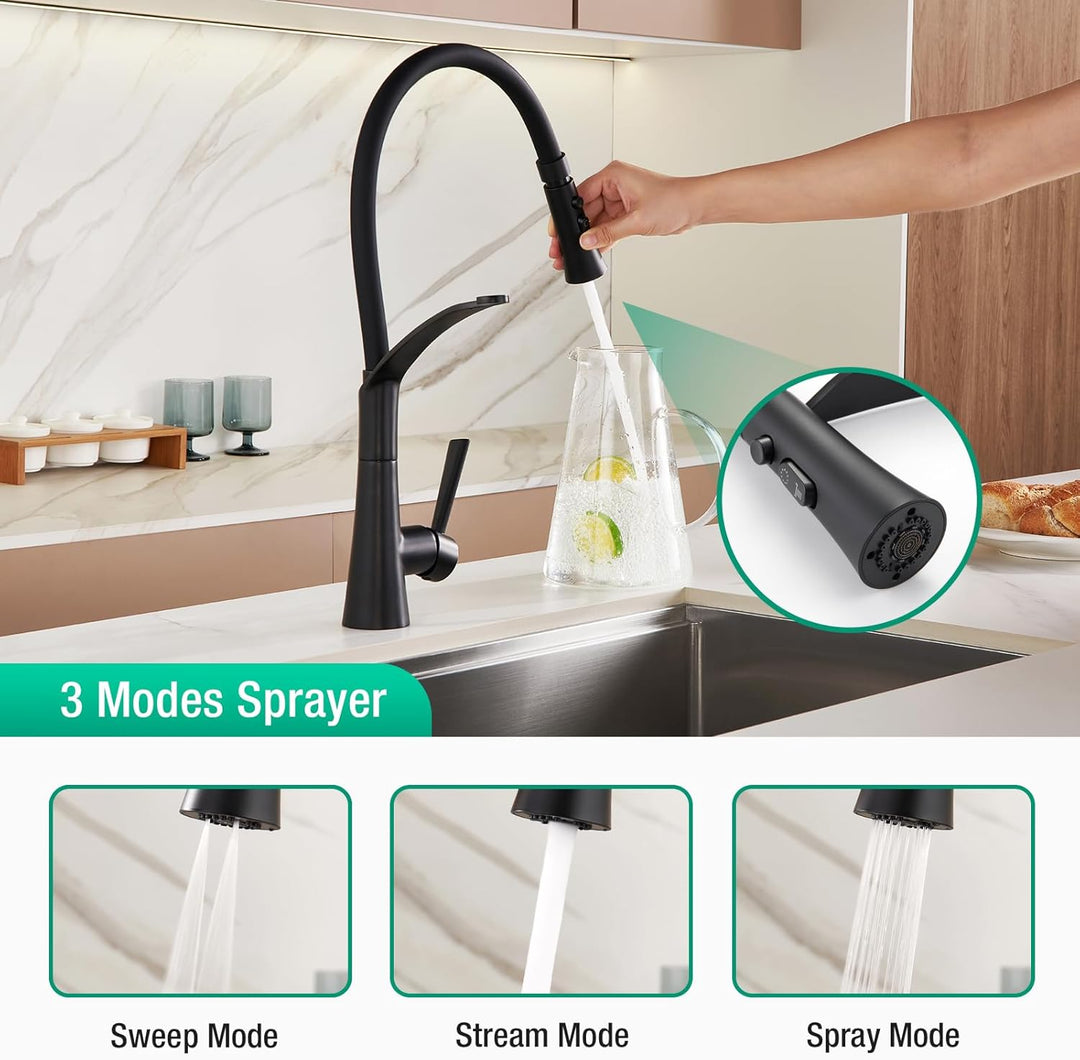 CREA Wasserhahn Küche mit 3 Funktionen Brause, Hochdruck Küchenarmatur mit Ausziehbarer Brause, 360°