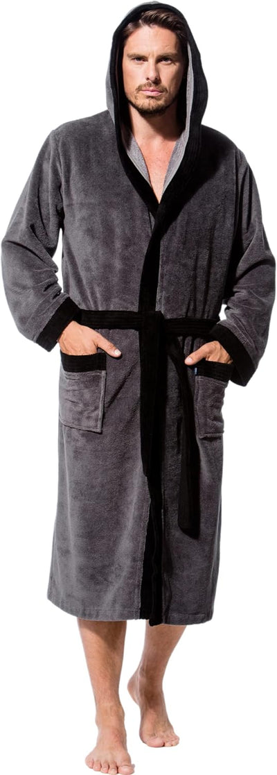 Morgenstern Bademantel Herren mit Kapuze Luxus Frottee Velours Lang L Anthrazit, L Anthrazit