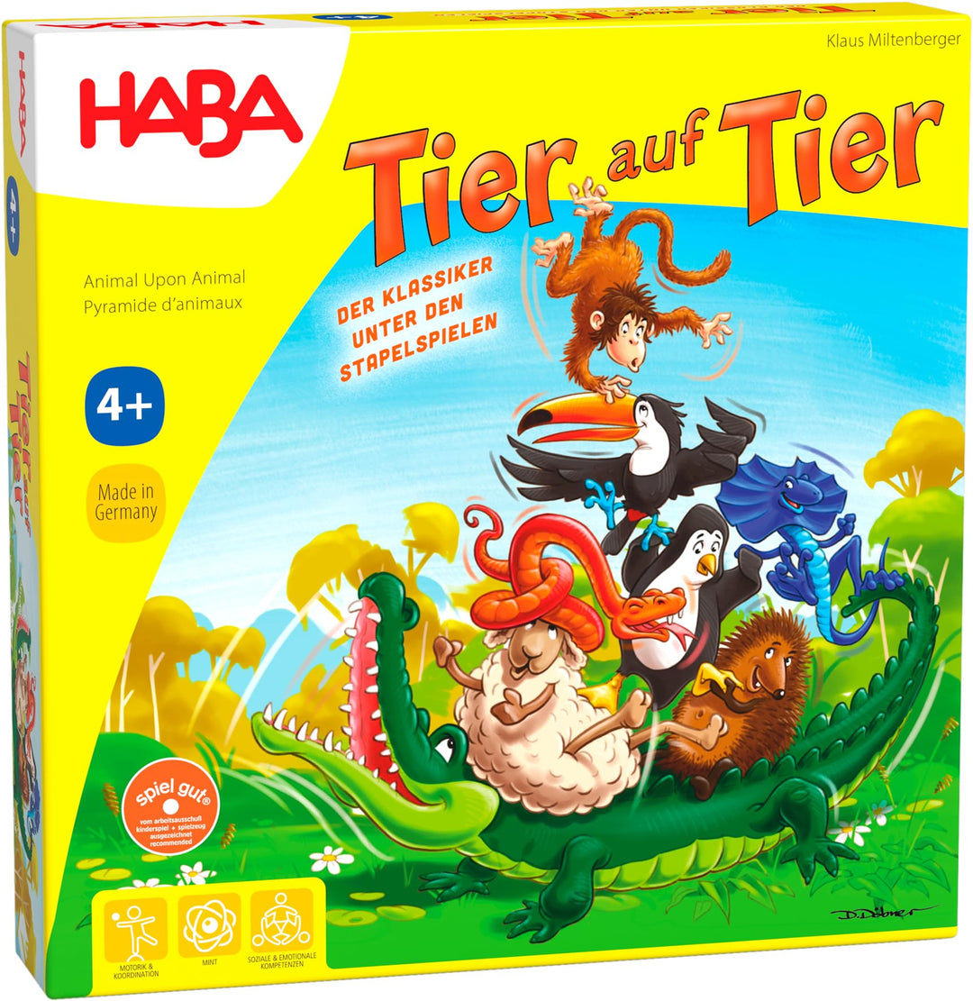 HABA Tier auf Tier – Stapelspiel aus Holz mit 29 Tieren, Balance- und Motorikspielzeug für Kinder ab