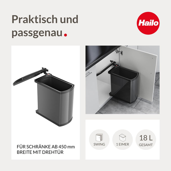 Hailo Abfallsammler 3418071 | Mülleimer Uno 18 L schwenkbar | Einbau Abfalleimer dunkelgrau schwarz