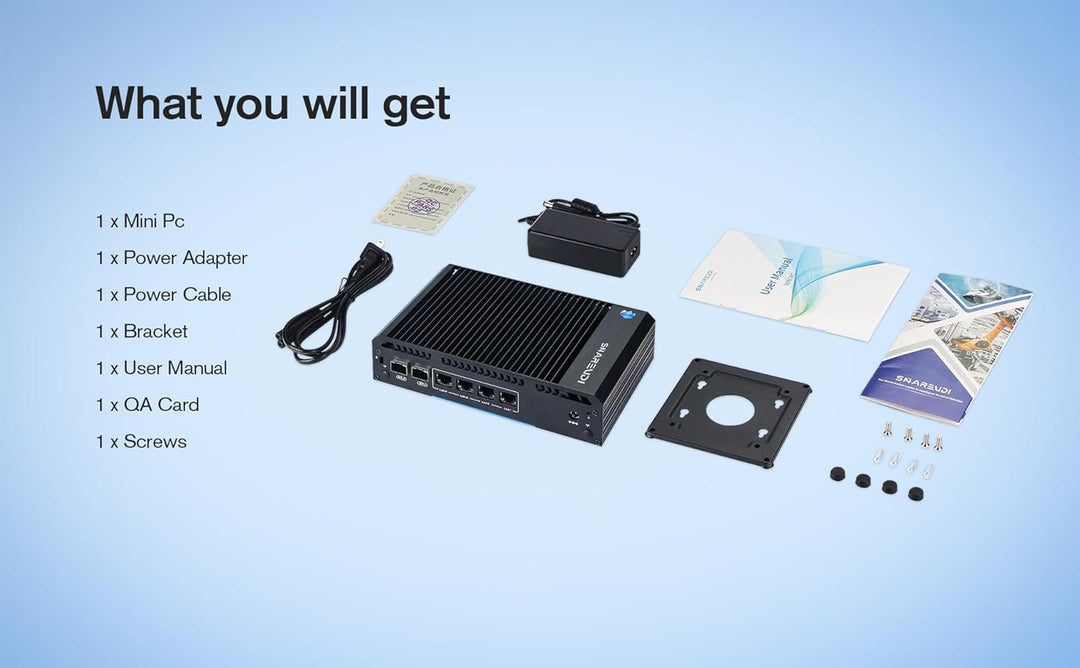 Sharevdi Lüfterloser Router Firewall Appliance Mini PC mit 2X SFP+ 4X Intel i226 LAN Ethernet Intel