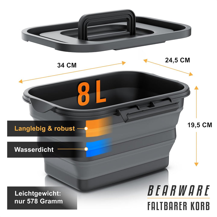 CSL - Faltbarer Picknickkorb mit Deckel und Griff – 8 Liter – Aufbewahrungsbehälter Camping Wandern