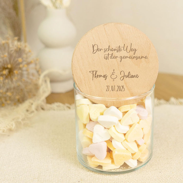 GRAVURZEILE Vorratsglas mit graviertem Holzdeckel - Der schönste Weg - Personalisiert mit Name & Dat