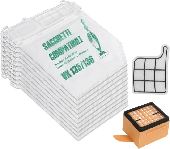 12 Staubsaugerbeutel und 2 Motorschutzfilter +2 Hygienefilter für VK Kobold VK 135 vk136 12+2+2, 12+