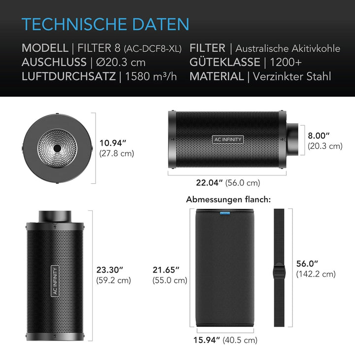 AC Infinity Air Carbon Filter XL 20.3 cm, mit Premium australischer Virgin Charcoal, Vorfilter und S