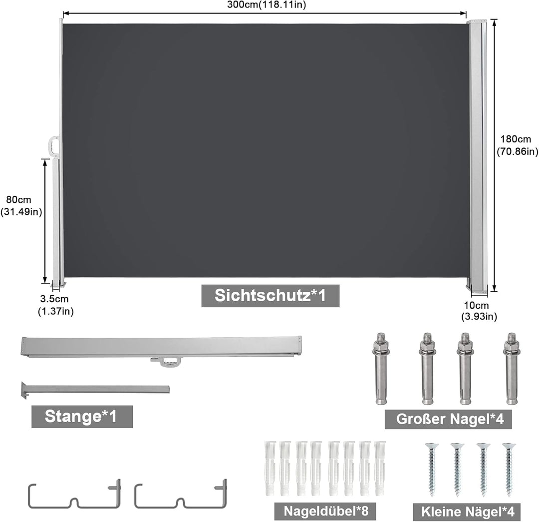 Ansobea Seitenmarkise,Sonnenschutz Markise Grau,180 x 300 cm Sichtschutz für Balkon, Garten, Terrass