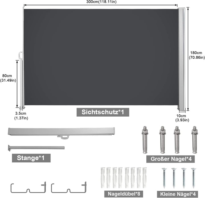 Ansobea Seitenmarkise,Sonnenschutz Markise Grau,180 x 300 cm Sichtschutz für Balkon, Garten, Terrass