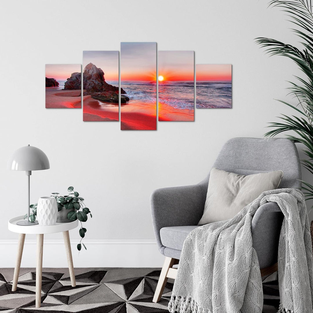 Runa Art Wandbilder Sonnenuntergang Strand 5 Teilig Bild auf Vlies Leinwand Deko Schlafzimmer Wohnzi
