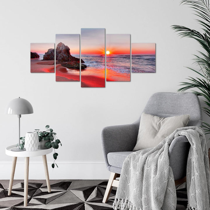 Runa Art Wandbilder Sonnenuntergang Strand 5 Teilig Bild auf Vlies Leinwand Deko Schlafzimmer Wohnzi