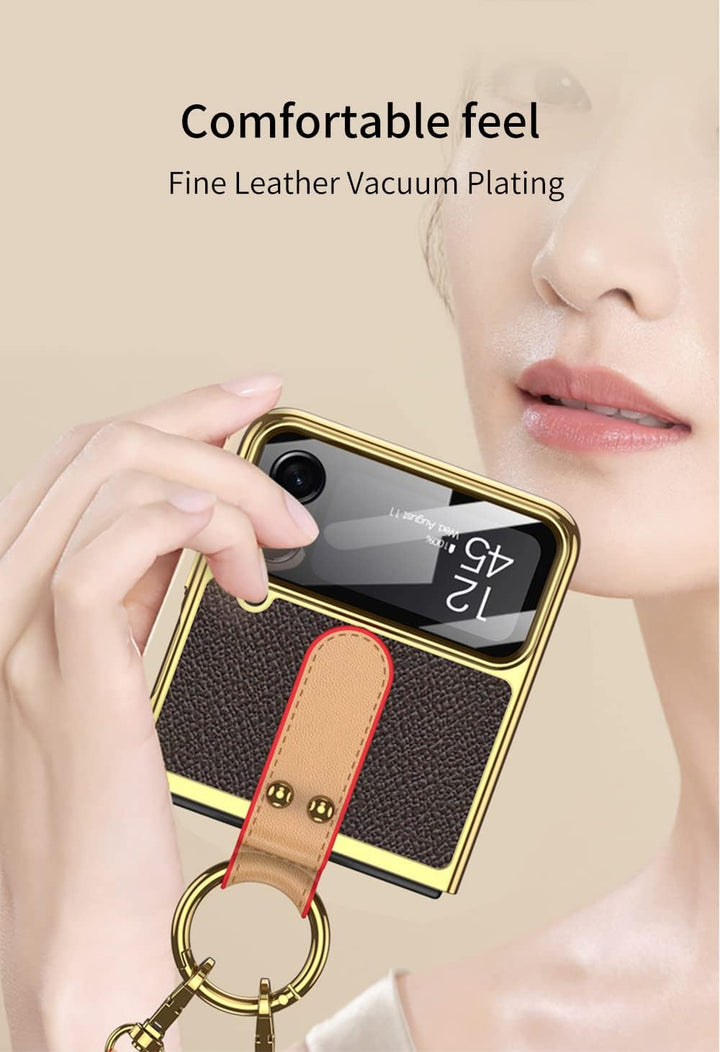 CeeEee Kompatibel mit Galaxy Z Flip 4 Hülle 5g 2022 Cover Klappbar Leder mit Ring und Umhängeriemen