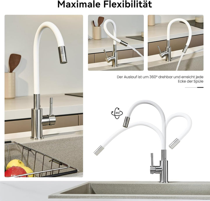 CECIPA Flexibler Küchenarmatur Weiss, Wasserhahn Küche mit 2 Strahlarten, Hochdruck Armatur Küche, M