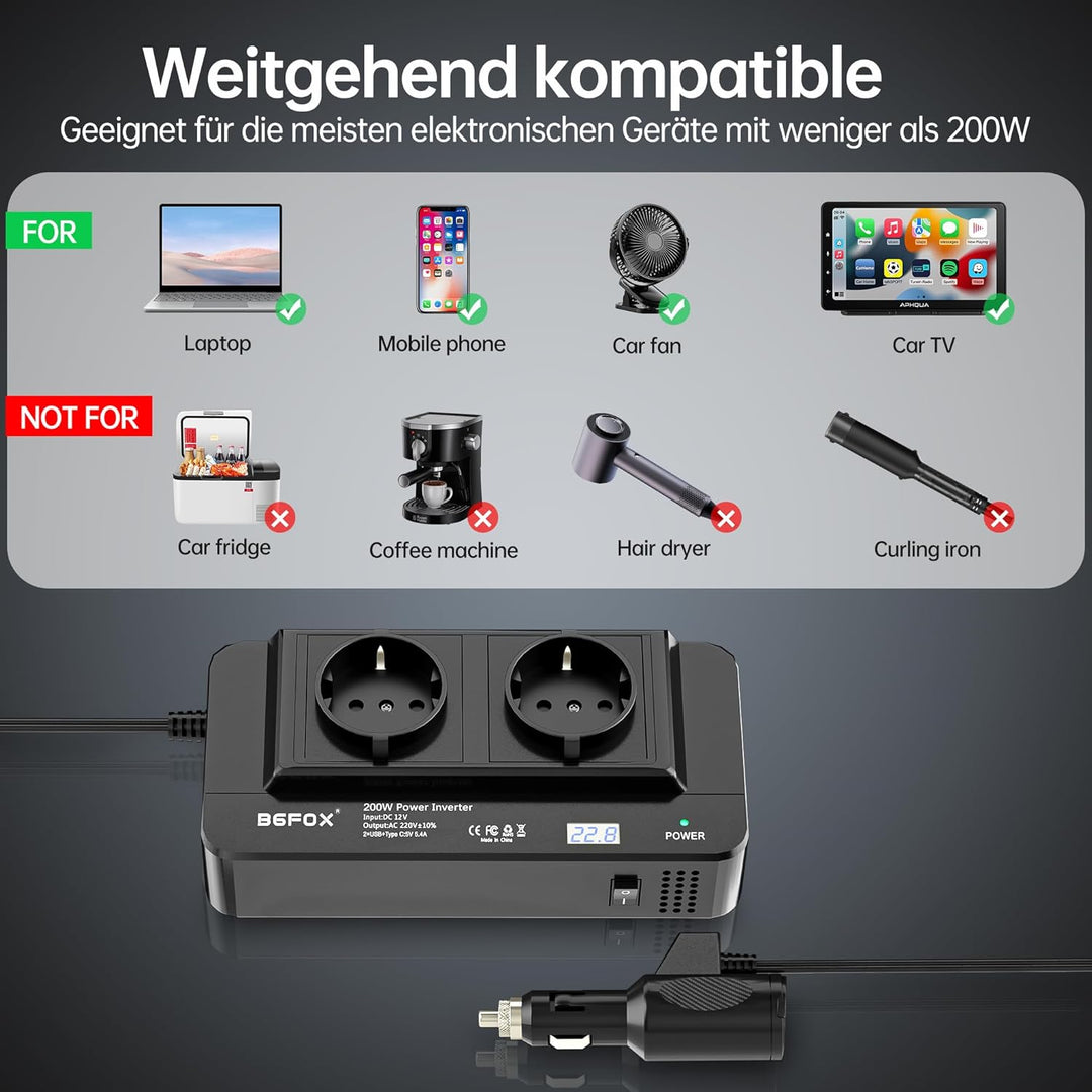 200W Wechselrichter 12V auf 230V Auto Spannungswandler, Stromwandler mit 2 Auto Steckdose/Type-C & 2