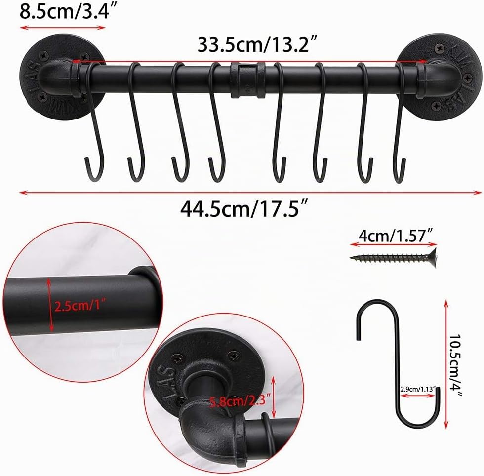 BTSKY 40 cm industrielles Rohrpfannenregal mit 8 Haken – Wandmontage, Küchenutensilien, Kochgeschirr