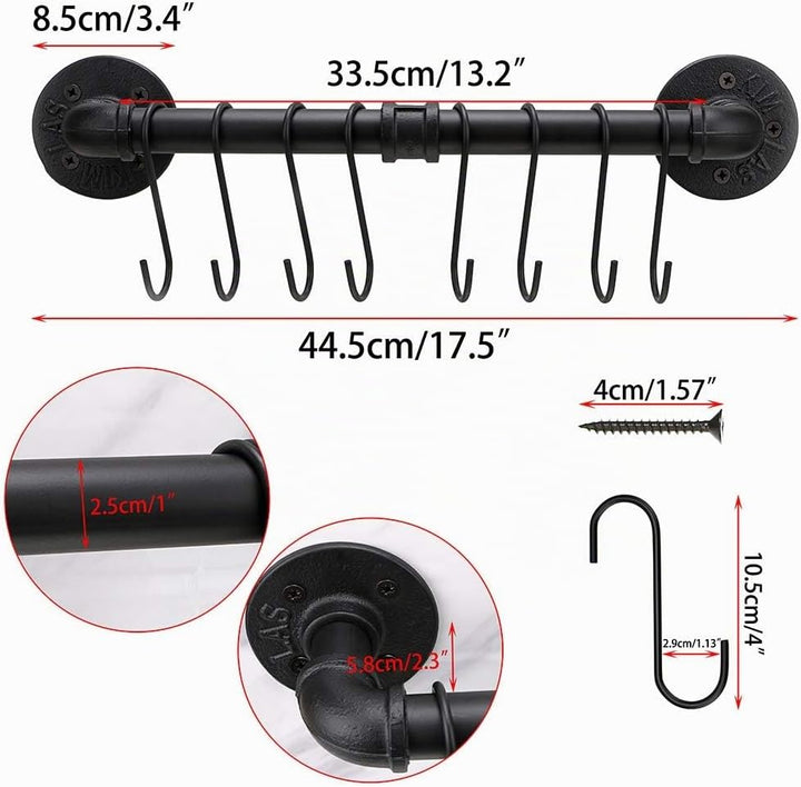 BTSKY 40 cm industrielles Rohrpfannenregal mit 8 Haken – Wandmontage, Küchenutensilien, Kochgeschirr