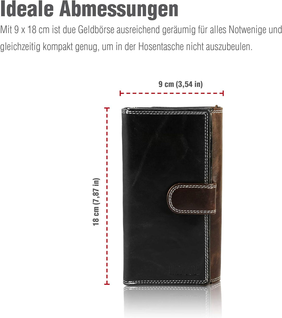 Raptor Leder Damen-Geldbörse Crunch Look 18x10cm Querformat RA40043 Schwarz, Schwarz