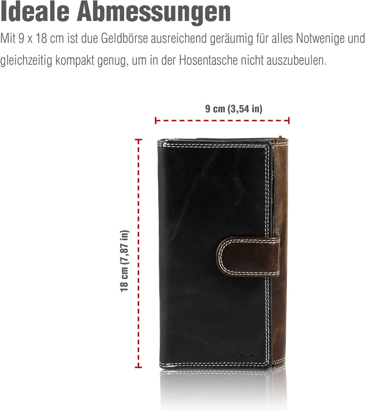 Raptor Leder Damen-Geldbörse Crunch Look 18x10cm Querformat RA40043 Schwarz, Schwarz