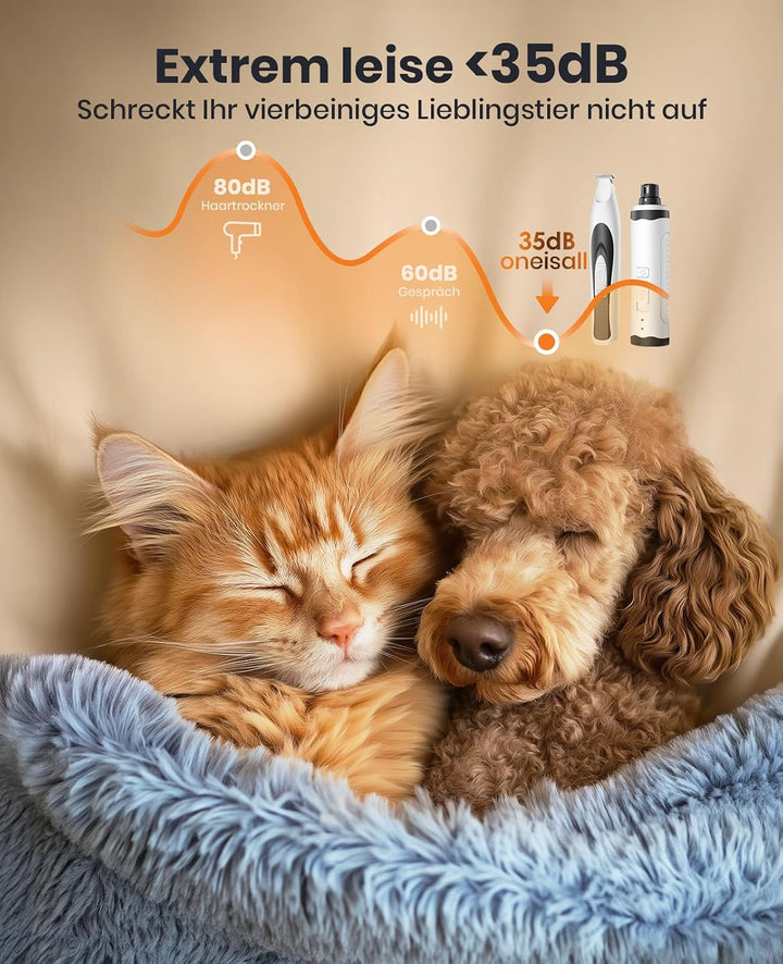 oneisall 2in1 Pfotentrimmer für Hunde + Krallenschleifer für Hunde | Leise 35dB, 2-LED-Leuchte, USB-