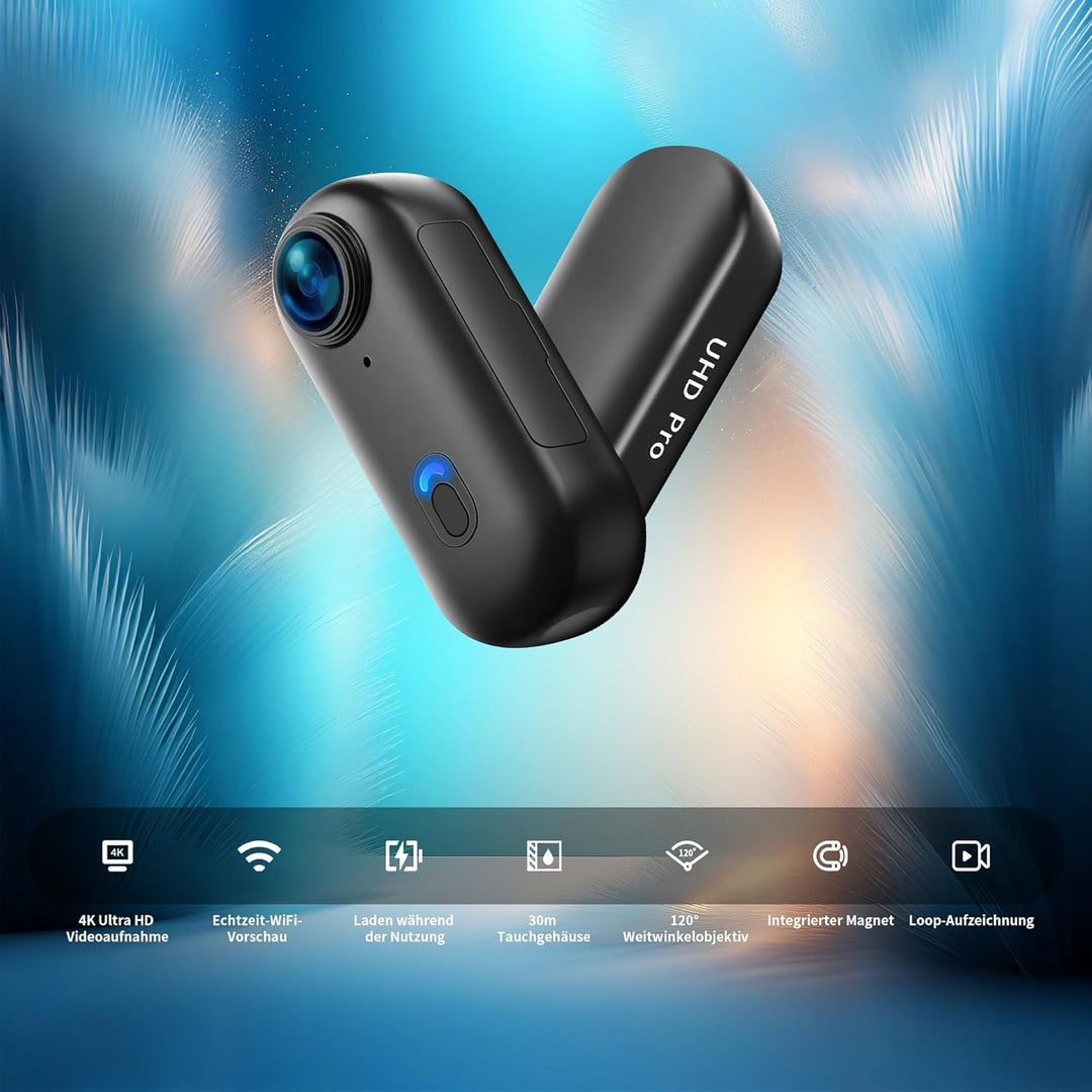 Action Cam 4K WiFi, Bodycam Mini Körperkamera, Helmkamera Motorrad, Sportkamera Wasserdicht bis 30M,