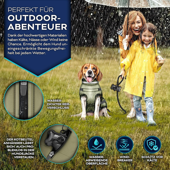 TRESKO® Hundejacke Winter mit Reflektoren inkl. 15 Stück Kotbeutel + Spender | Hunderegenmantel wass