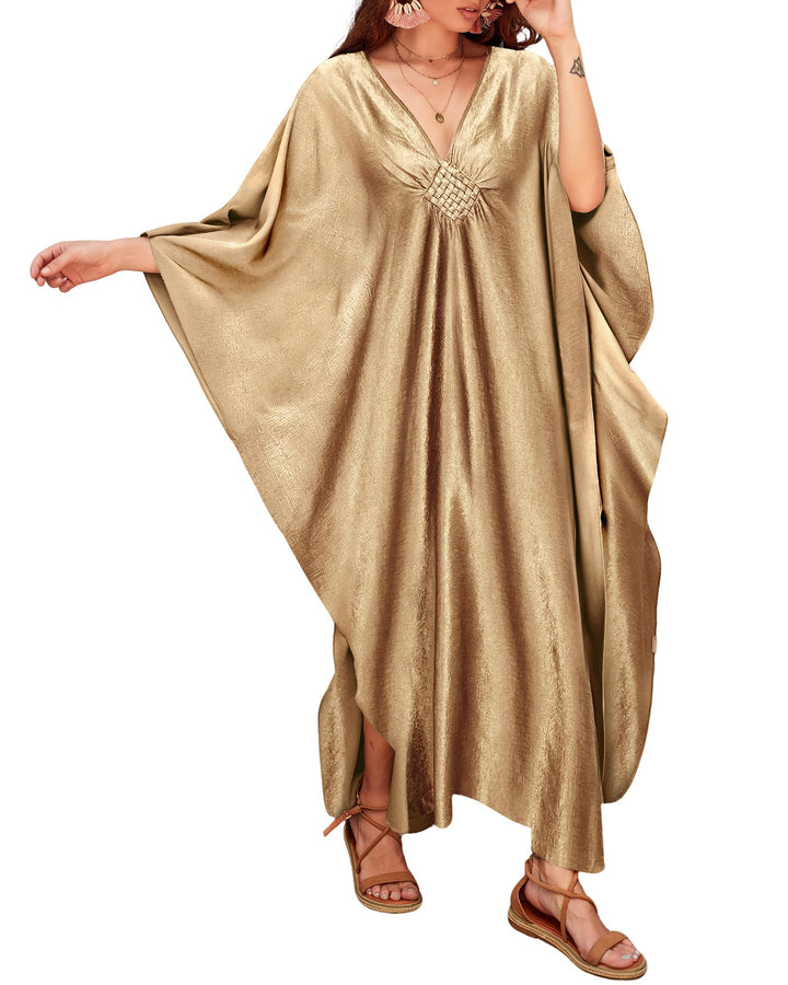 Bsubseach Damen Solid Color Cover Up V-Ausschnitt Batwing Sleeve Plus Size Beach Kaftan Kleider A-ch