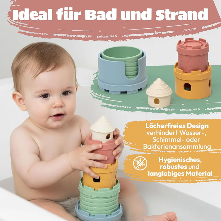 Stapelbecher Baby Silikon Montessori Spielzeug 3 in 1 – Stapelturm, Beissring & Badespielzeug | Sens