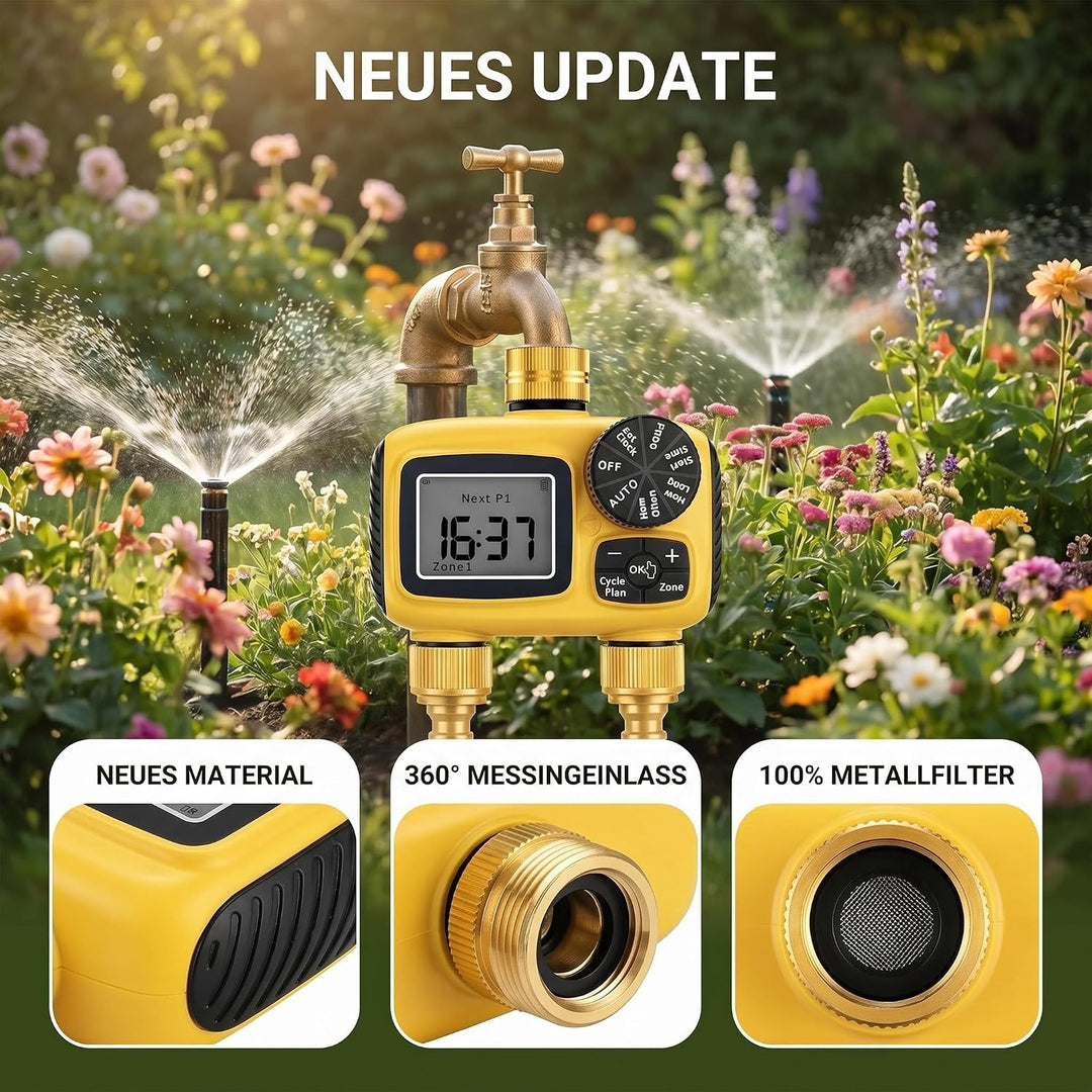 MQUPIN Bewässerungscomputer 2 Ausgänge, Messinganschlüsse | LCD Wasser Zeitschaltuhr IP55 mit Regenv