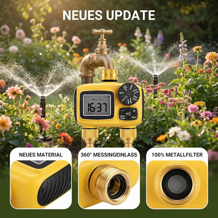 MQUPIN Bewässerungscomputer 2 Ausgänge, Messinganschlüsse | LCD Wasser Zeitschaltuhr IP55 mit Regenv