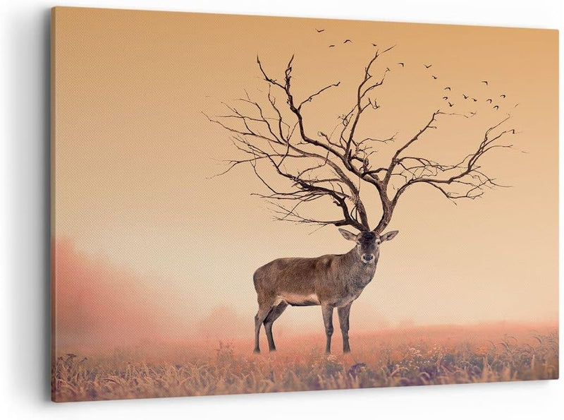 ARTTOR Bilder auf Leinwand 100x70cm Leinwandbild Hirsch Baum Nebel Wald Gross Wanddeko Bild Schlafzi