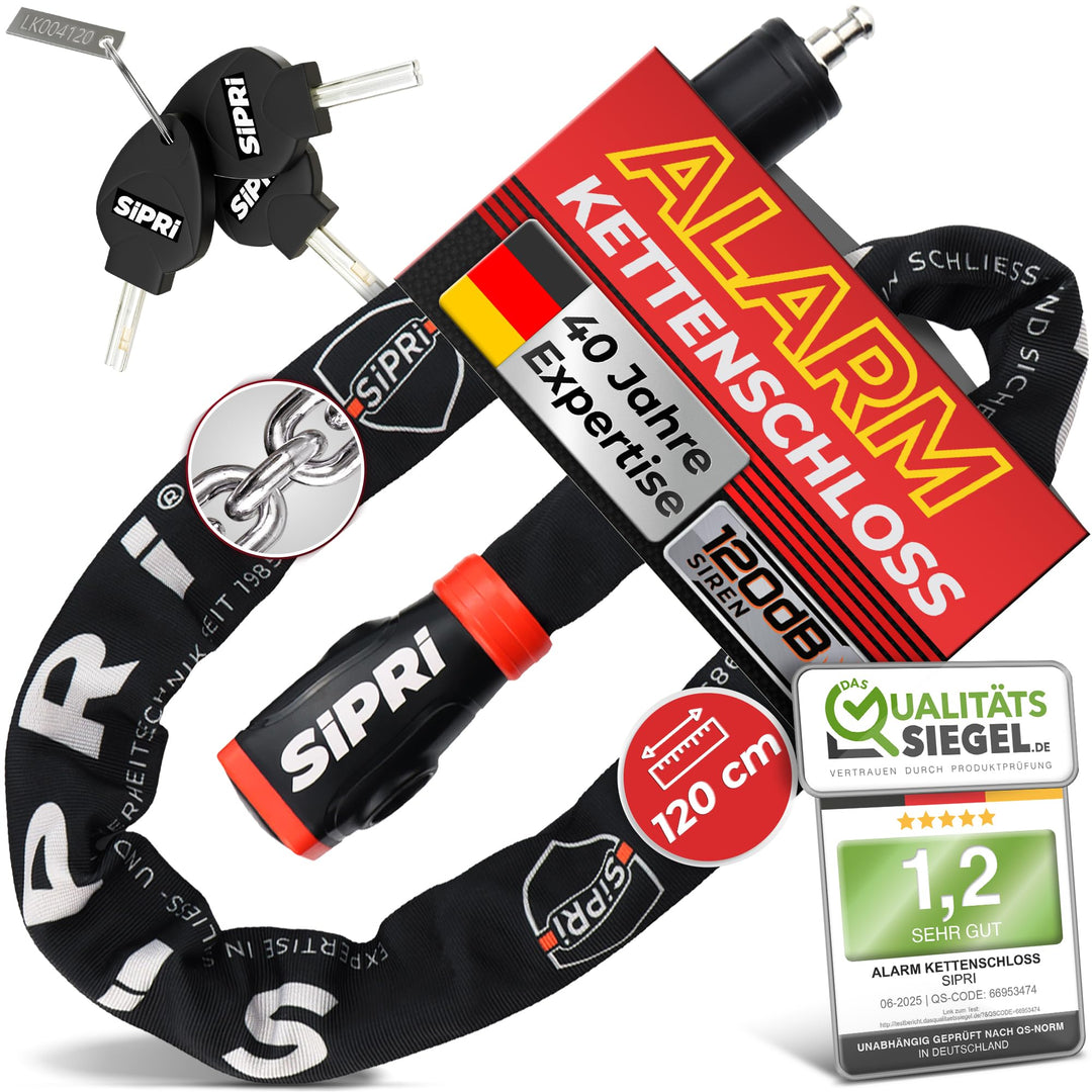 SIPRI® Fahrradschloss mit Alarm 120 dB | Kettenschloss Fahrradschloss hohe Sicherheit für E-Bike, E-