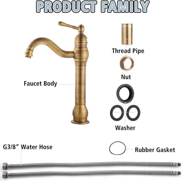 ROWINNAO Wasserhahn Bad Hoch Antikes Messing, Retro Gold Waschtischarmatur Hoch, 360° Schwenkbar Ein