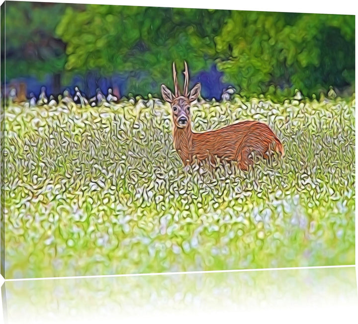 junger Hirsch auf Wildwiese NewArt Format: 100x70 cm auf Leinwand, XXL riesige Bilder fertig gerahmt