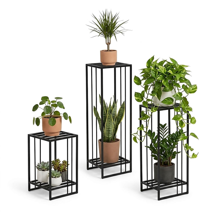 Metall Blumenständer 3er Set Schwarz – Pflanzenständer Metall rechteckig 55 - 75 - 95 cm – Moderner
