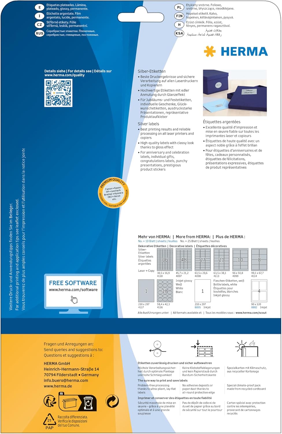 HERMA 4117 Wetterfeste Folienetiketten silber, 25 Blatt, 210 x 297 mm, 1 Stück pro A4 Bogen, 25 Aufk
