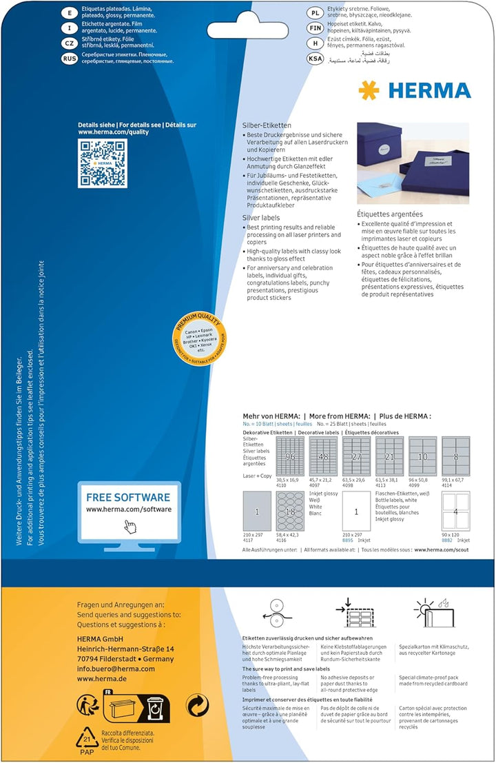 HERMA 4117 Wetterfeste Folienetiketten silber, 25 Blatt, 210 x 297 mm, 1 Stück pro A4 Bogen, 25 Aufk