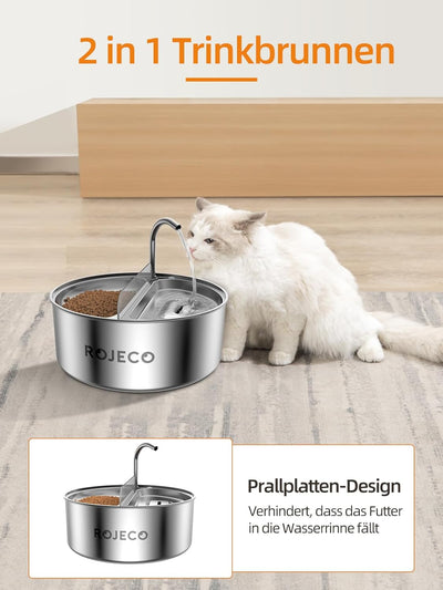 ROJECO 2 in 1 Katzenbrunnen mit Futternapf, 3,2 L Edelstahl Trinkbrunnen für Katze Grosses Fassungsv