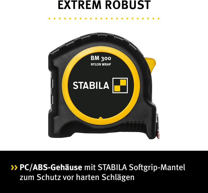STABILA Taschenbandmass BM 300, 8 m (26'), doppelseitige cm/inch-Skala, SPIKES-Haken 8m, cm/inch, 8m