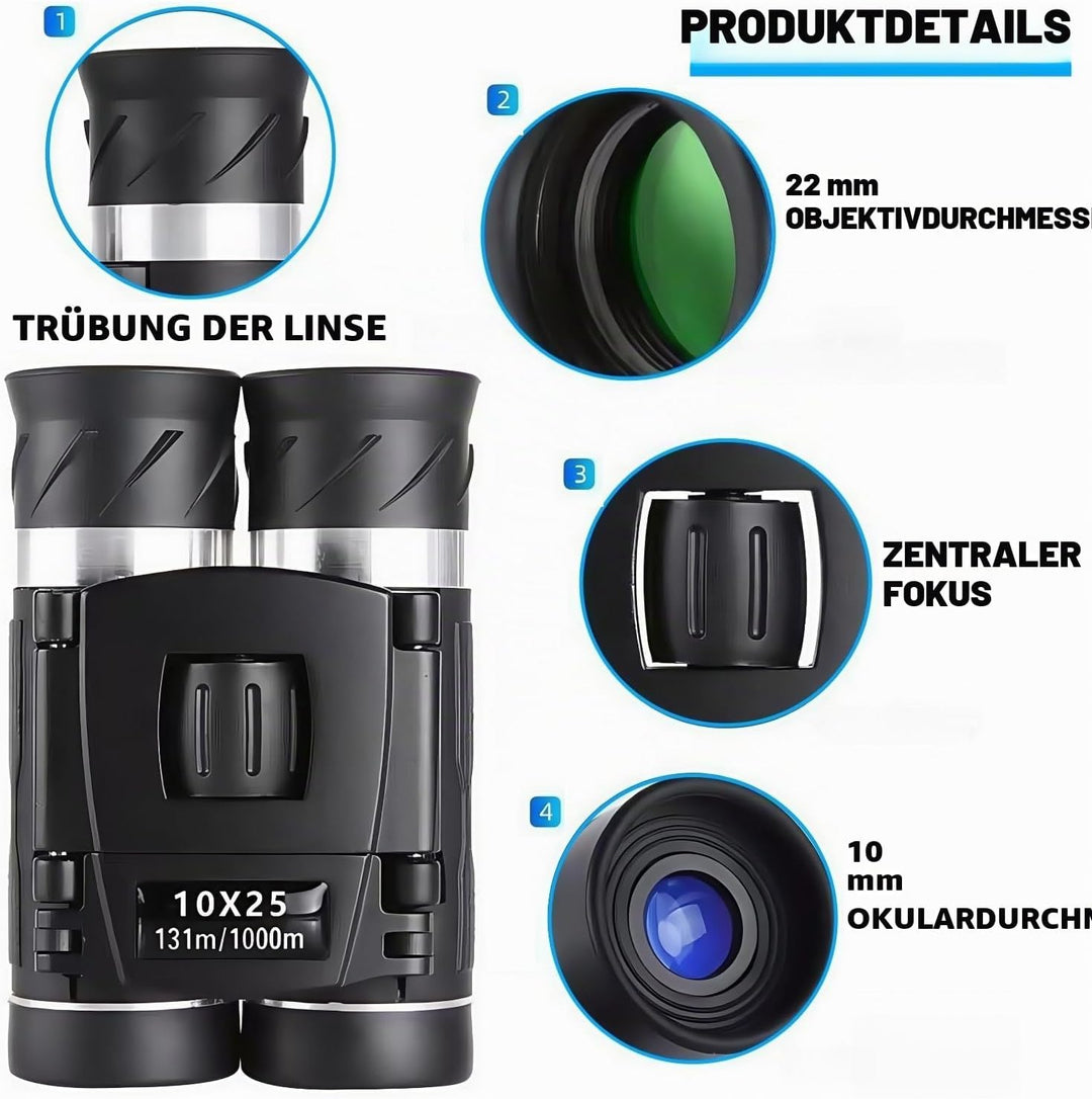 10x25 Kompaktes Fernglas,Faltbares Ferngla,Fernglas für Erwachsene und Kinder,Grosses Okular Einfach