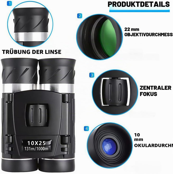 10x25 Kompaktes Fernglas,Faltbares Ferngla,Fernglas für Erwachsene und Kinder,Grosses Okular Einfach