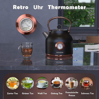 NESSGRAIM Retro Wasserkocher, 1,7 l Edelstahl-Teekessel mit Grosser Temperaturanzeige, 2200W Schnell