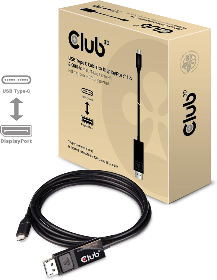 Club 3D USB Adapterkabel 1, 8m Typ-C zu Displayport 8K60Hz HDR Schwarz CAC-1557