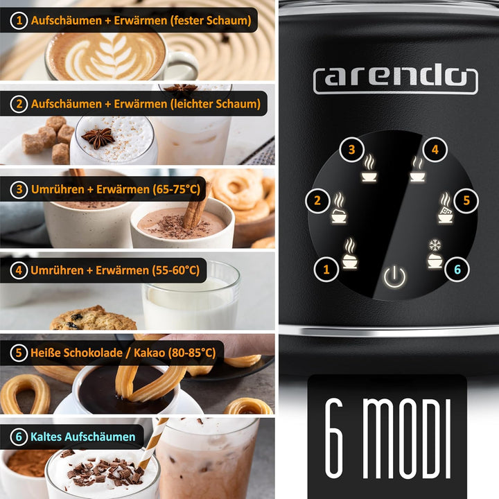 Arendo – Milchaufschäumer elektrisch – 600 Watt Heizelement – 500 ml – 6 Automatikprogramme – Milchs