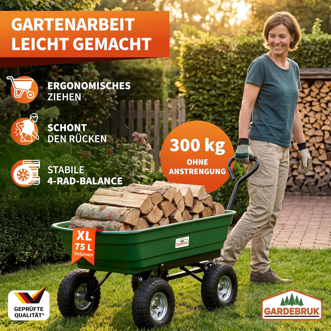 GARDEBRUK® Bollerwagen mit Kippfunktion 300kg Belastbar 4 Profil Gelände Räder Luftbereift Lenkachse